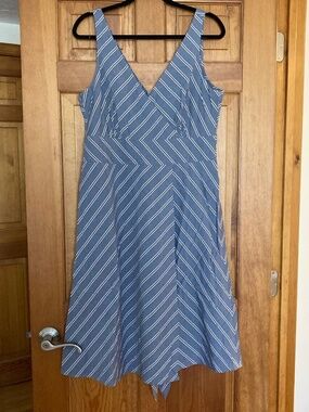 J Crew Blue striped cross front v-neck empire waist dress, Size 14